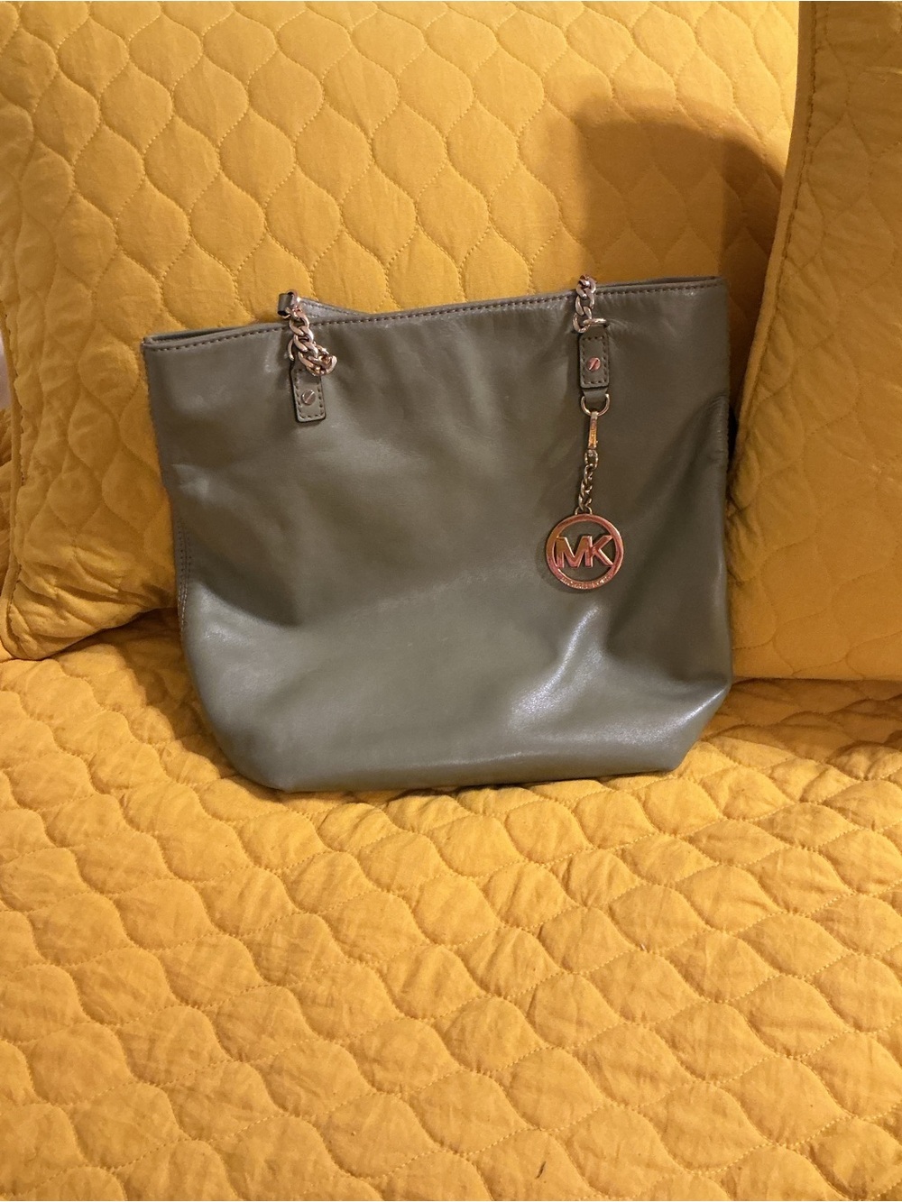 Michael Kors Olive Green Leather Tote with Gold MK Charm